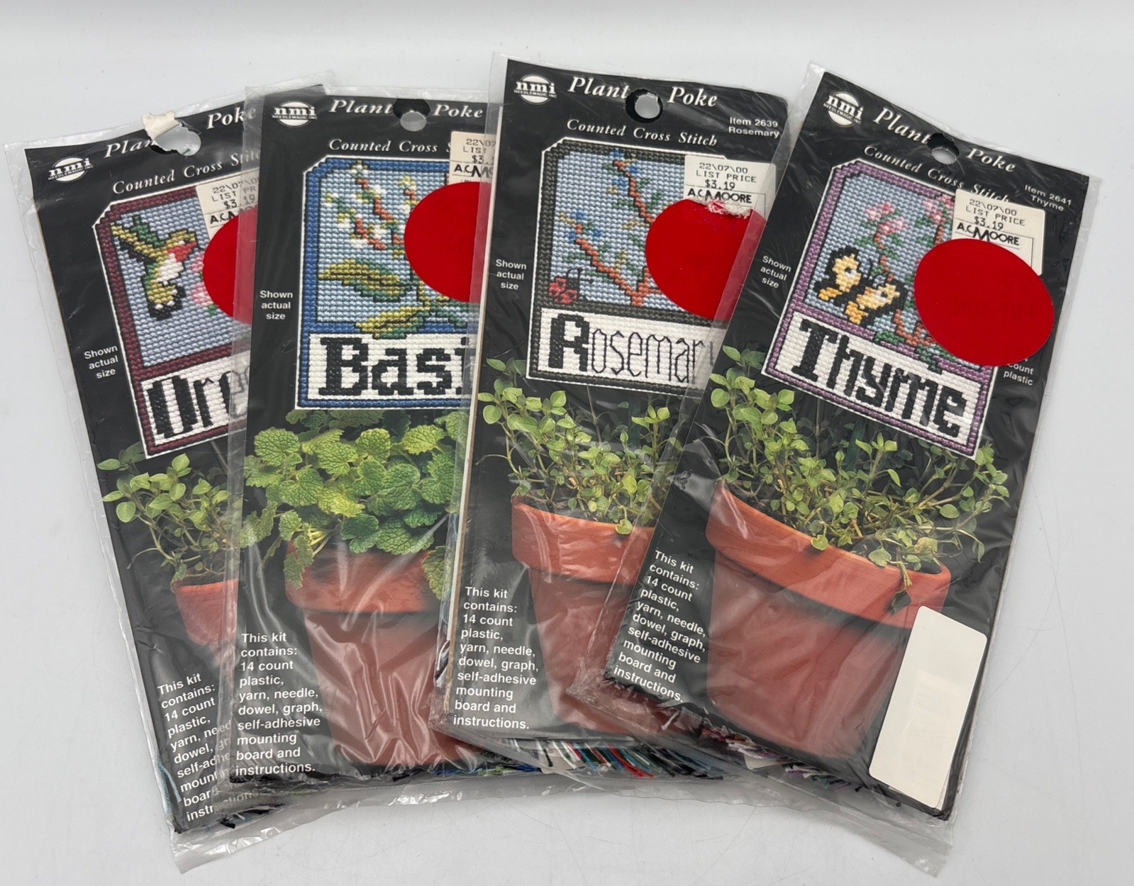 NMI Plant Poke Counted Cross Stitch Set Of 4: Rosemary, Oregano, Basil, Thyme