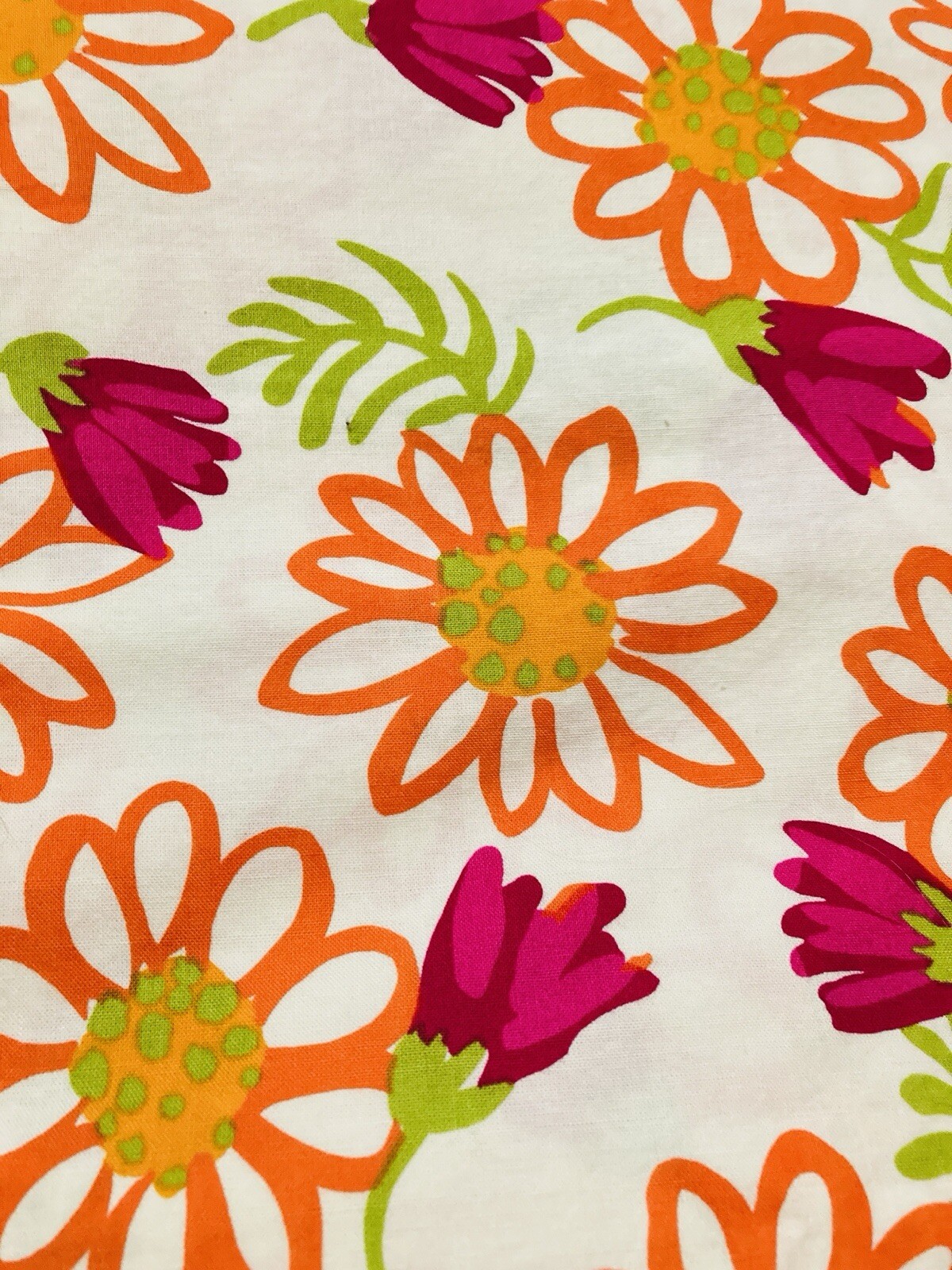 Large Modern Orange Pink Floral Green on White VTG Printmaker Intl 2.6Y x 54″W