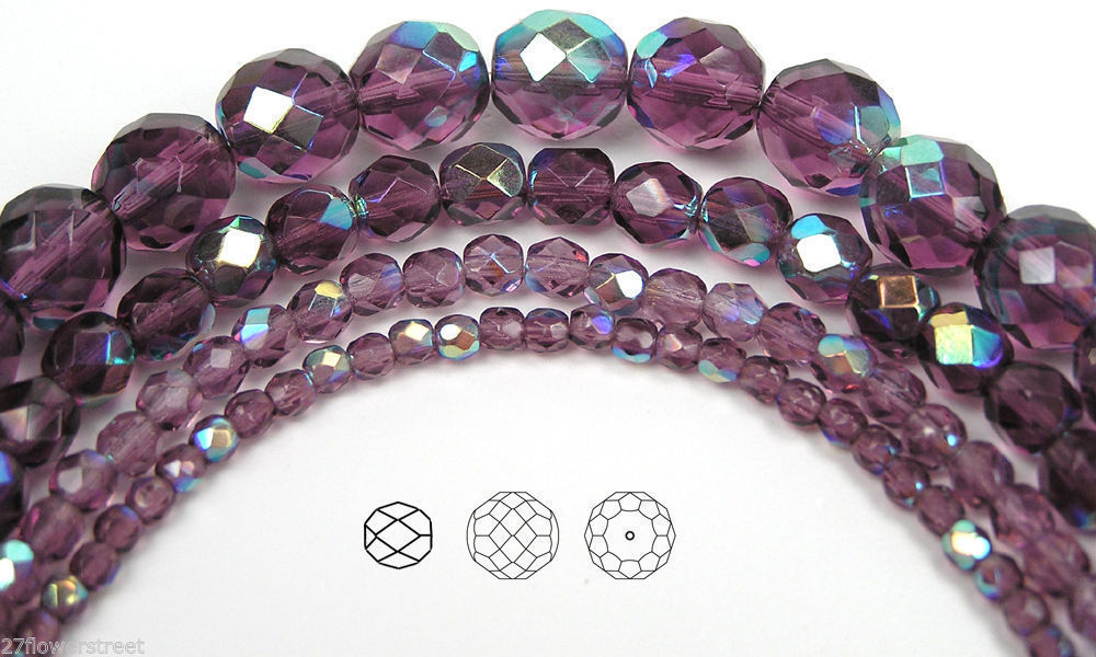 Czech Fire Polished Round Faceted Glass Beads in Amethyst AB 3-4-6-8mm purple AB