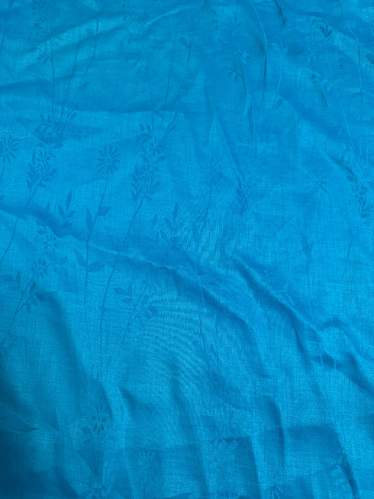 100% Flax Linen Fabric – Turquoise Blue Jacquard Floral Pattern – Medium Weight