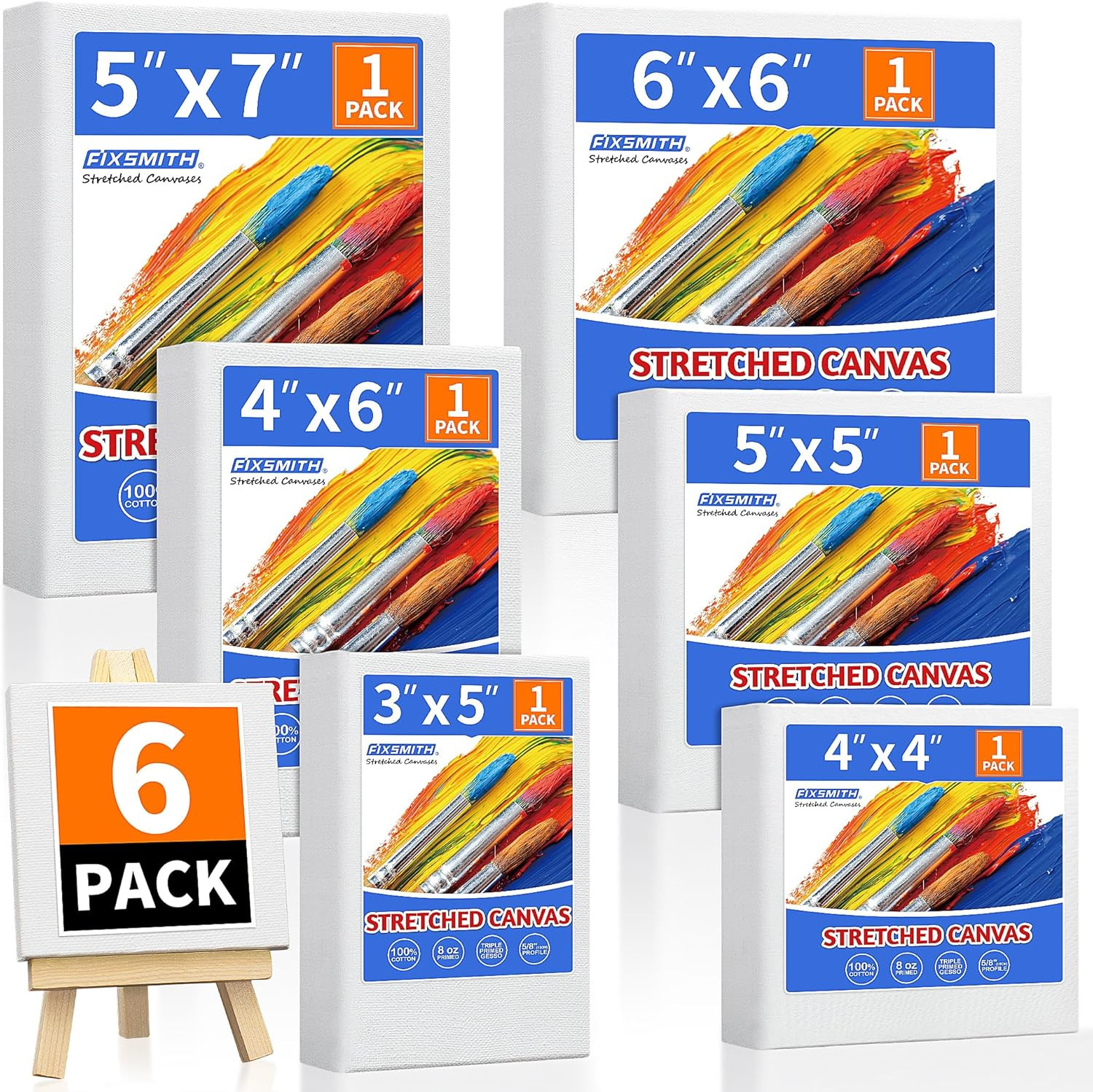 Stretched Canvas for Painting Pack of 6 Pre-Primed Wood Framed Blank White Canva