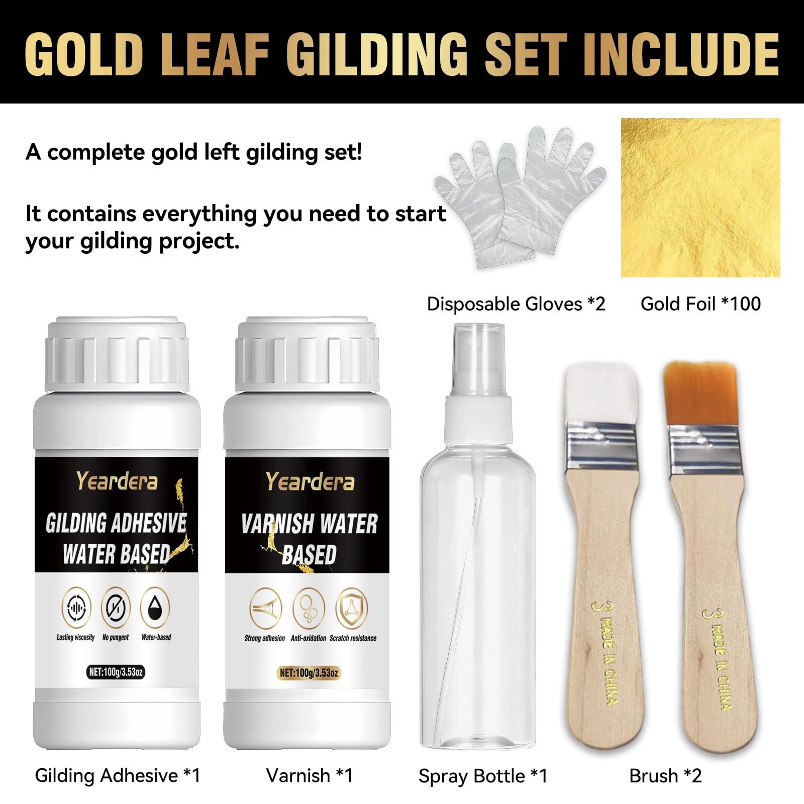 Gold Leaf Kit, 100Ml Gilding Adhesive and Varnish with 100 Gold Leaf Sheets for