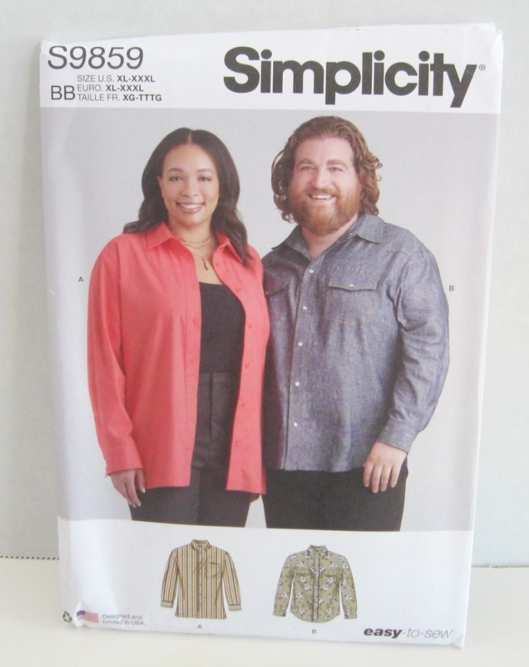 Simplicity 9859 Easy Long Sleeve Shirts Pattern Adult Unisex XL-XXXL (46-56″) UC