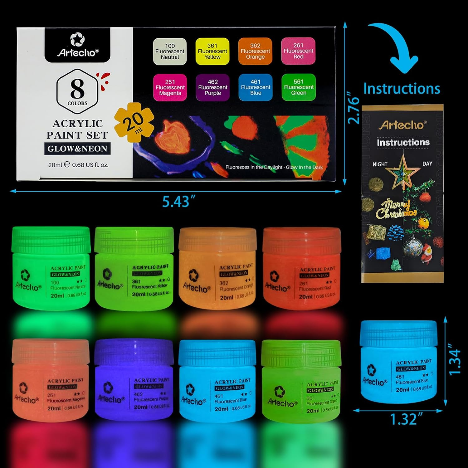 Artecho Glow in the Dark Acrylic Paint Set – 8 Colors X 20Ml (0.7Oz), Non-Toxic