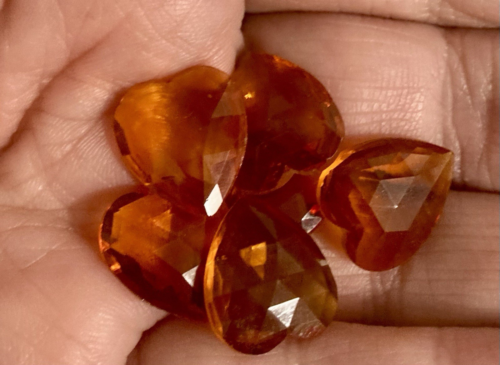 Czech 1950 Transparent 16mm Heart Shaped Amber Colored Glass Cabochons Lot of 6