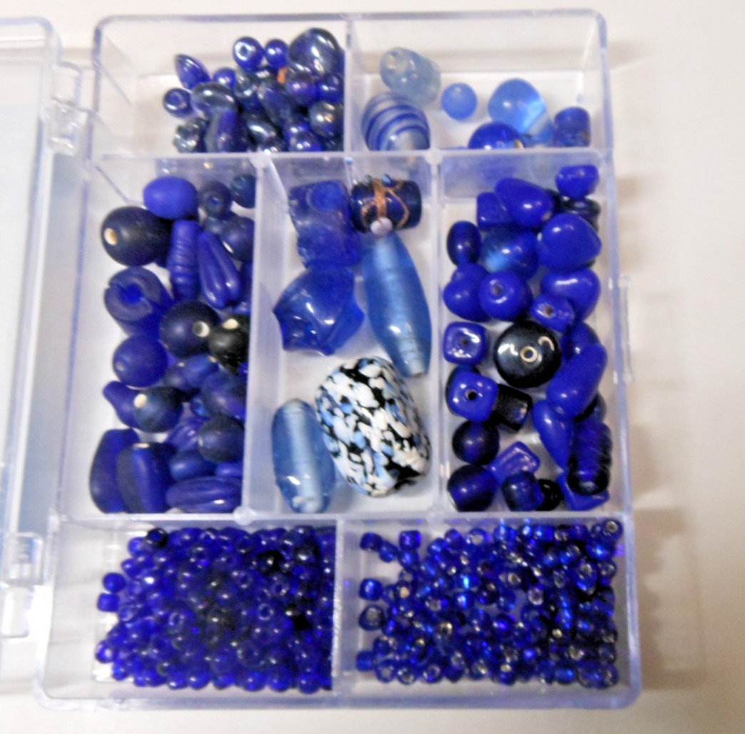Vintage Amber/Blue Glass Beads 6.7 oz in Tray, Preowned