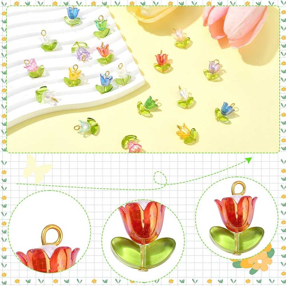 90x Handmade Acrylic Flower Charms Tulip Pendants w/Glass Leaf Charms for DIY