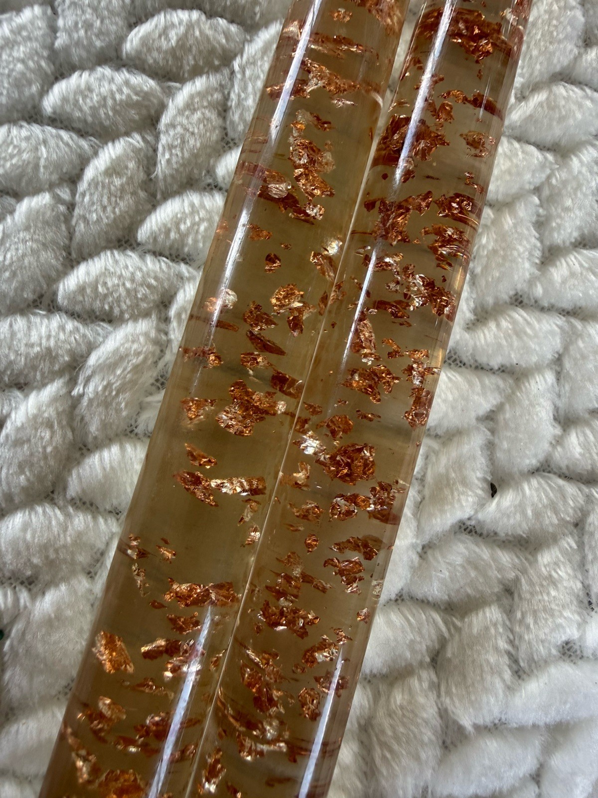 Vintage MCM Lucite Taper Candles Clear • Rose Gold Copper Flecks • Pair