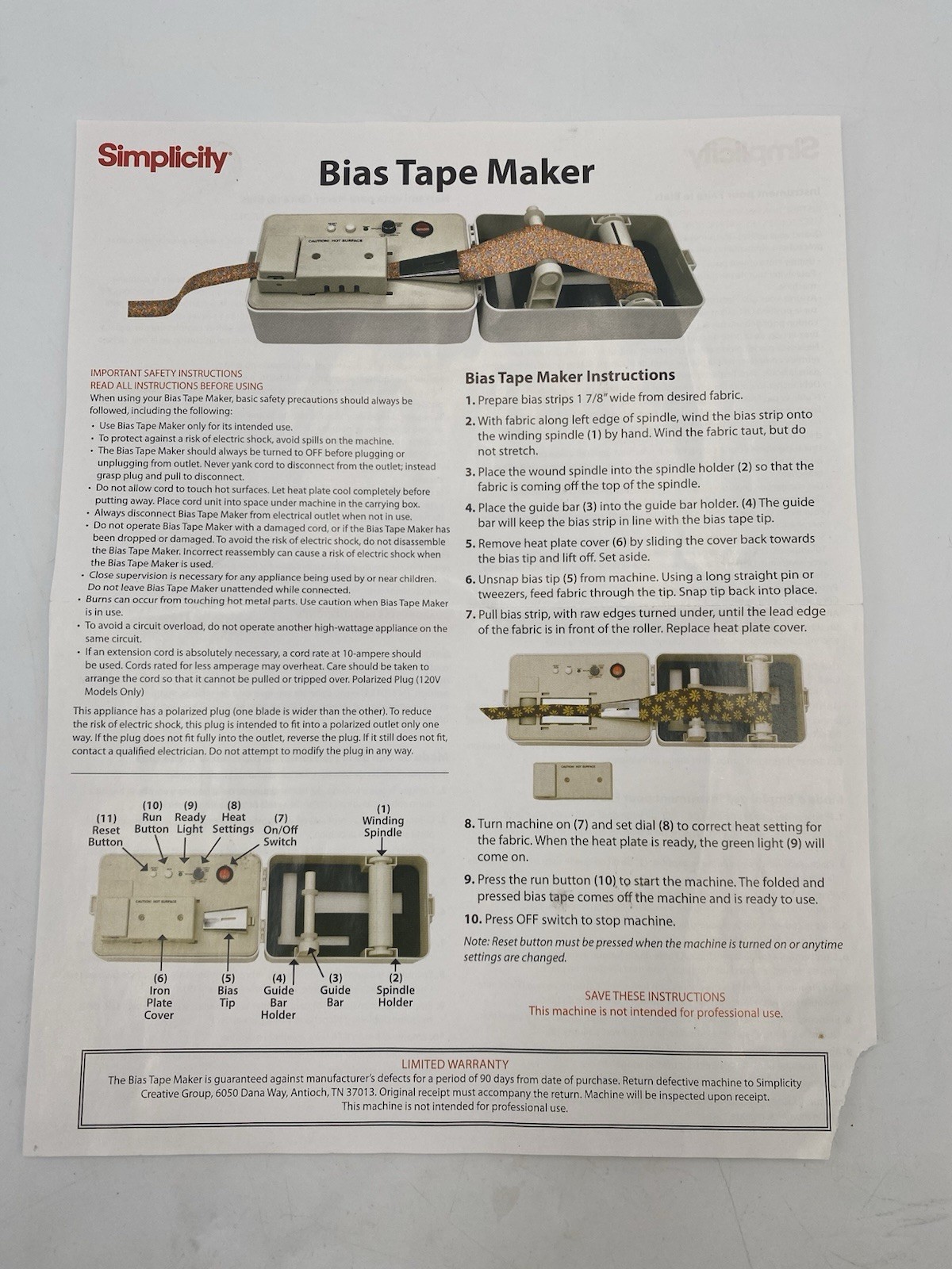 Simplicity Bias Tape Maker Single Fold Machine 881925 3/4″ Tip Tested