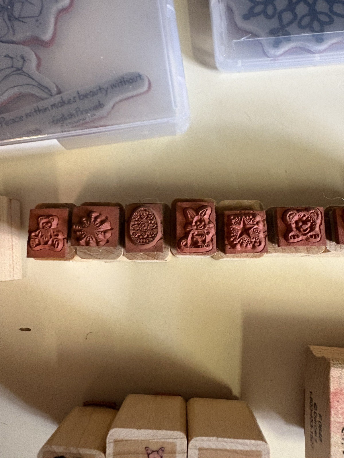 38 Assorted Rubber Stamps With 4 None Cubes, 3 Color Box Ink Cubes. **See Pics
