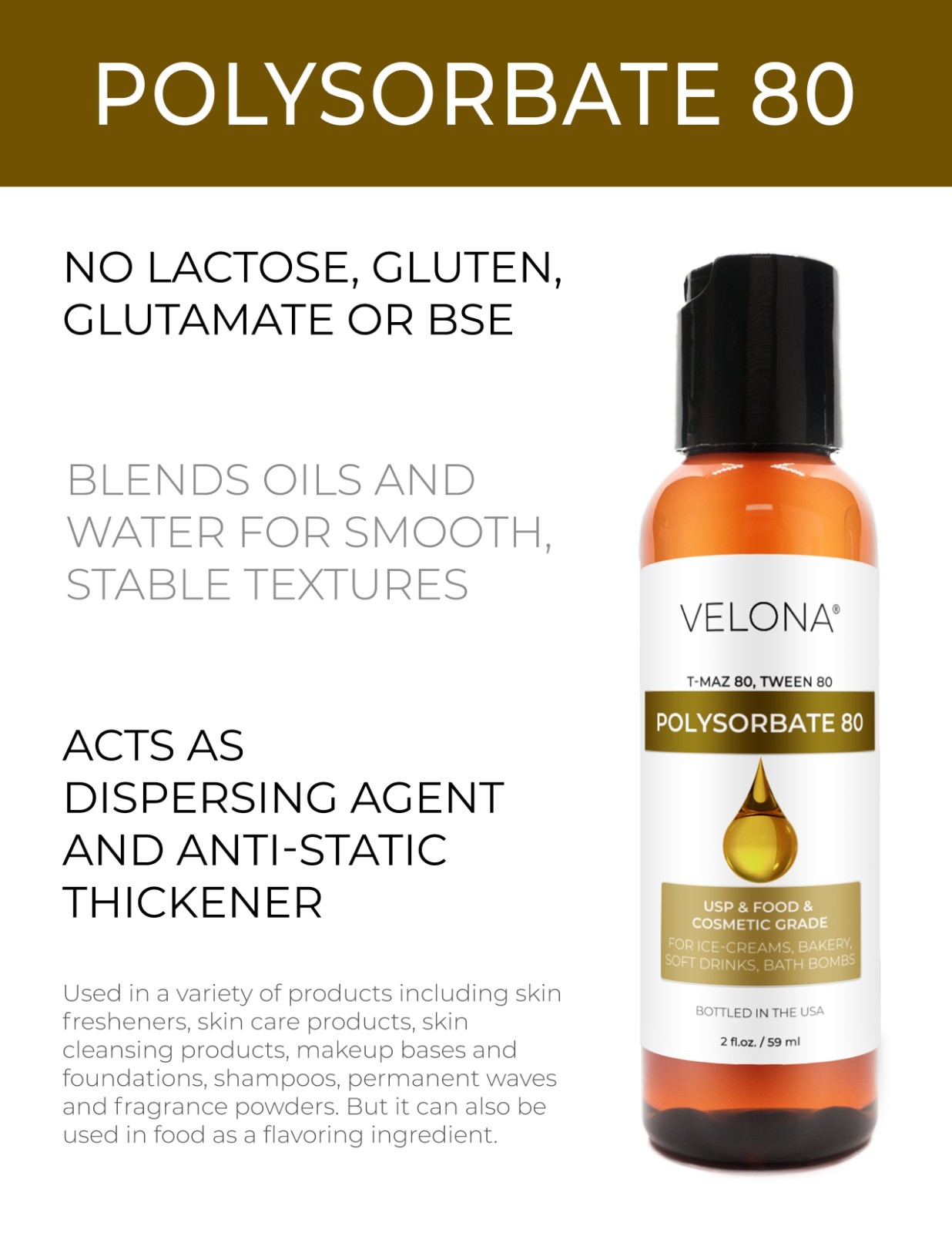 Polysorbate 80 by Velona – 2 oz Solubilizer, Food Cosmetic Grade Cooking, Bath