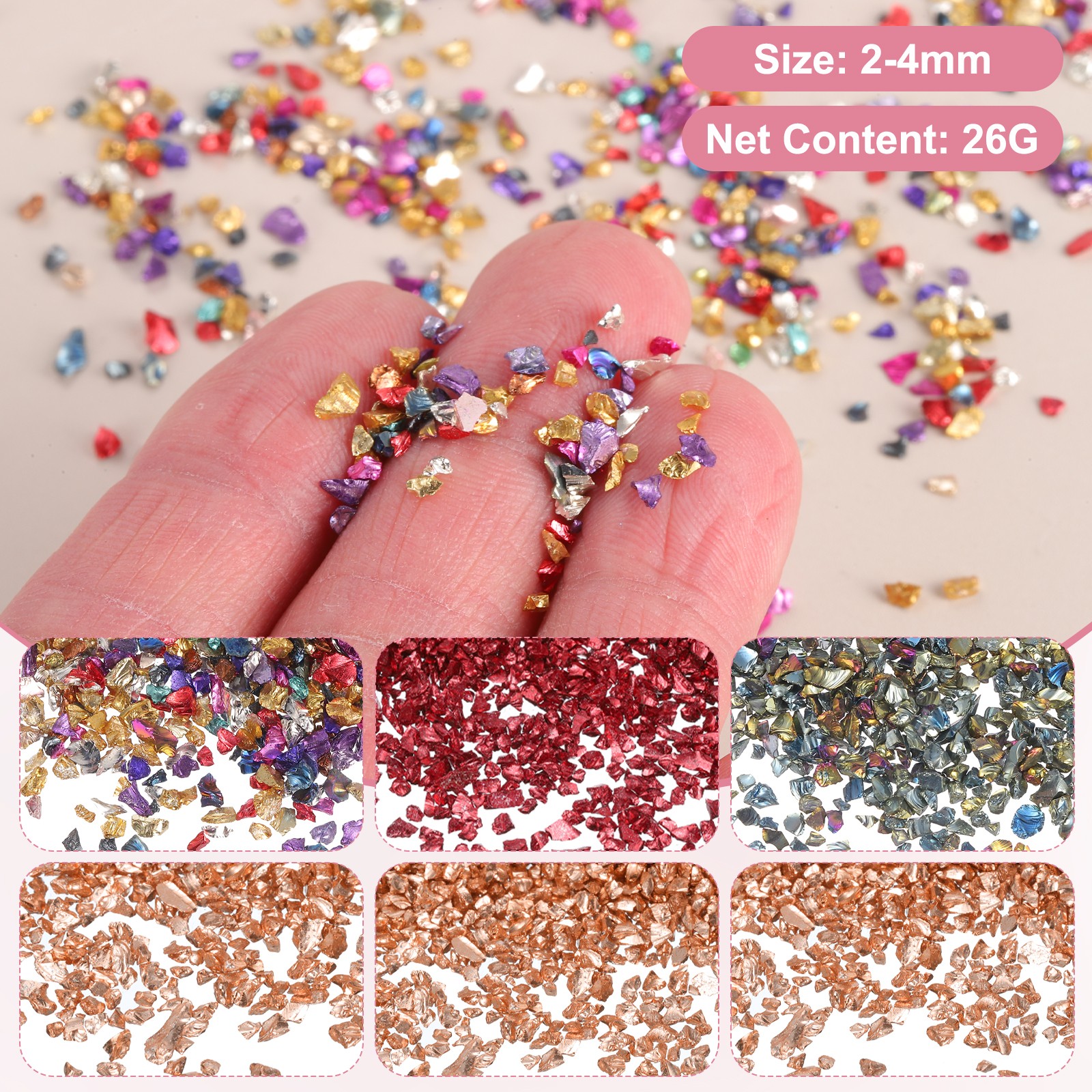 26g 2-4mm Crushed Metallic Irregular Glass Chips, Red/Gold/Metal Tone