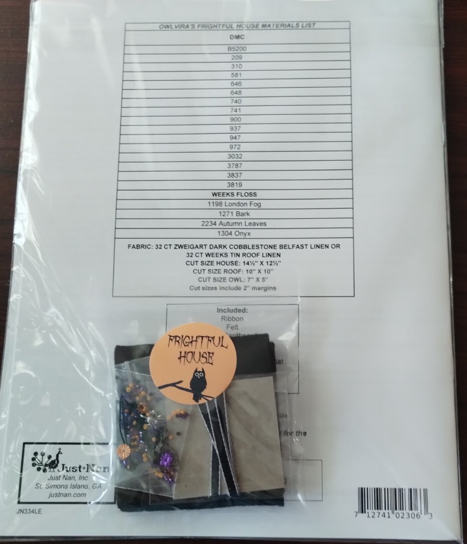 HALLOWEEN JUST NAN OWLVIRA’S FRIGHTFUL HOUSE CROSS STITCH CHART & EMB, 2023