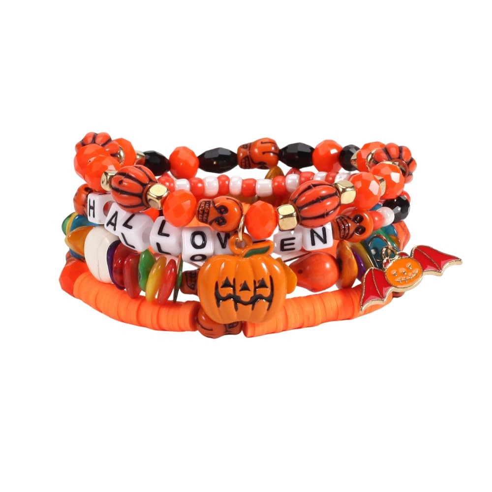 Halloween Bracelet Set Stack Spooky BOO Vinyl Disc Bead Artificial Crystal Stret