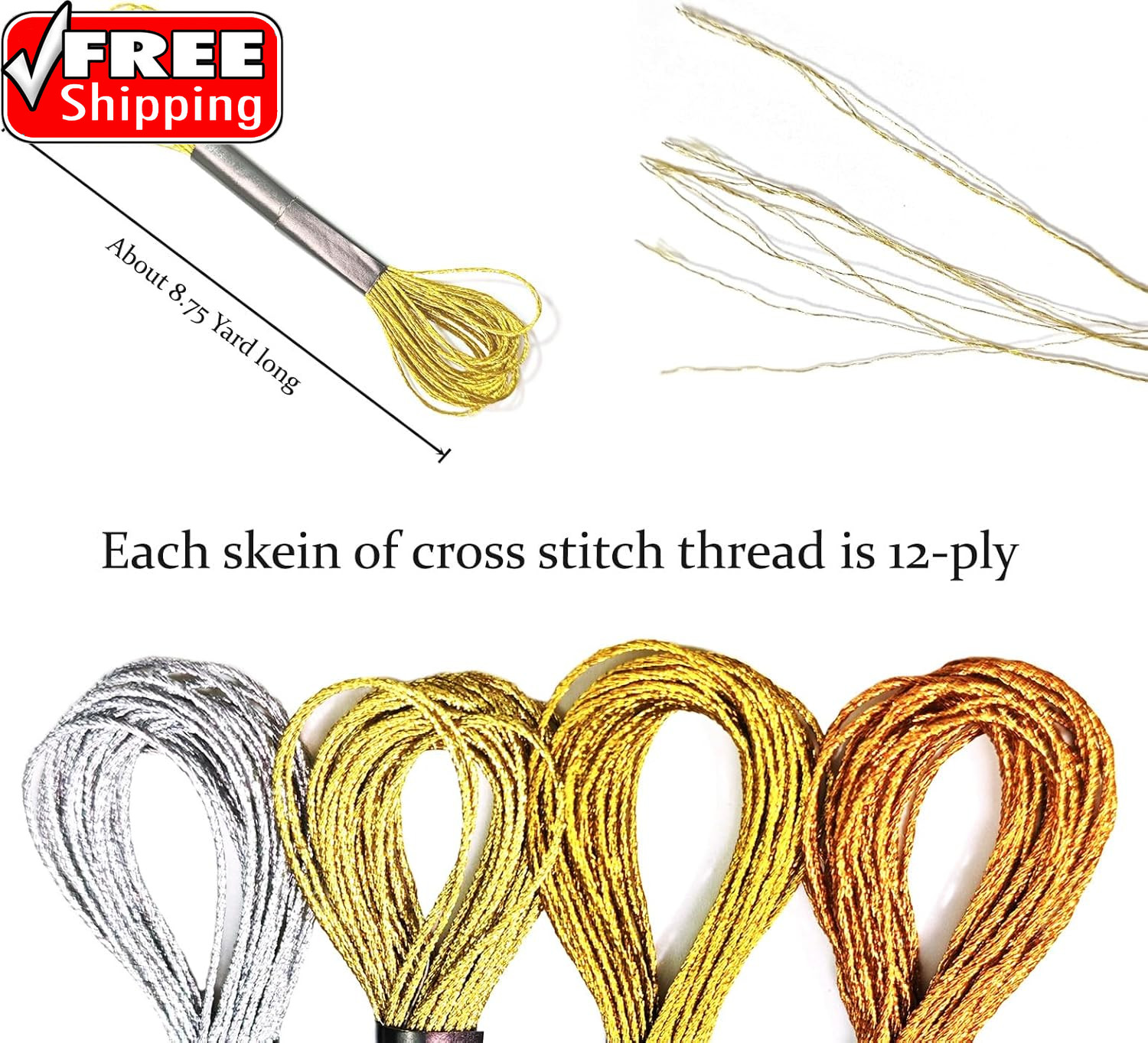 12 Skeins Metallic Embroidery Floss, Gold and Silver Embroidery Thread, Multi-Pu