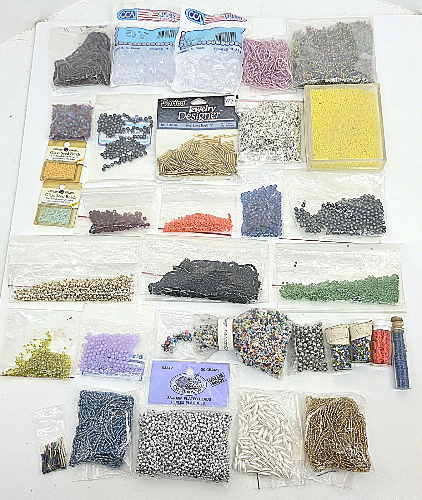 Seed Bead Lot Mixed Sizes, Colors & Materials, 33 packs 2.3 Lbs