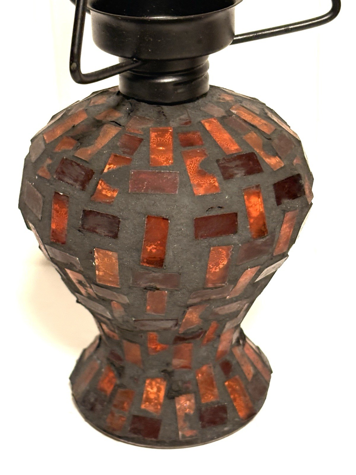 Handcrafted Stained Glass Mosaic Lamp Tea Light Candle Holder Amber Glass 8.5”