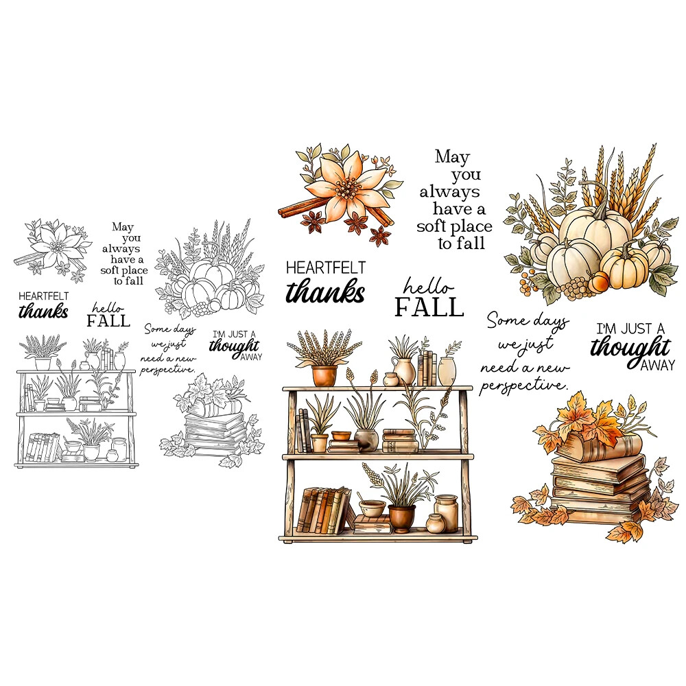 Autumn Pumpkins Books Flowers Star Anise Heartful Thanks Hello Fall Clear Stamps