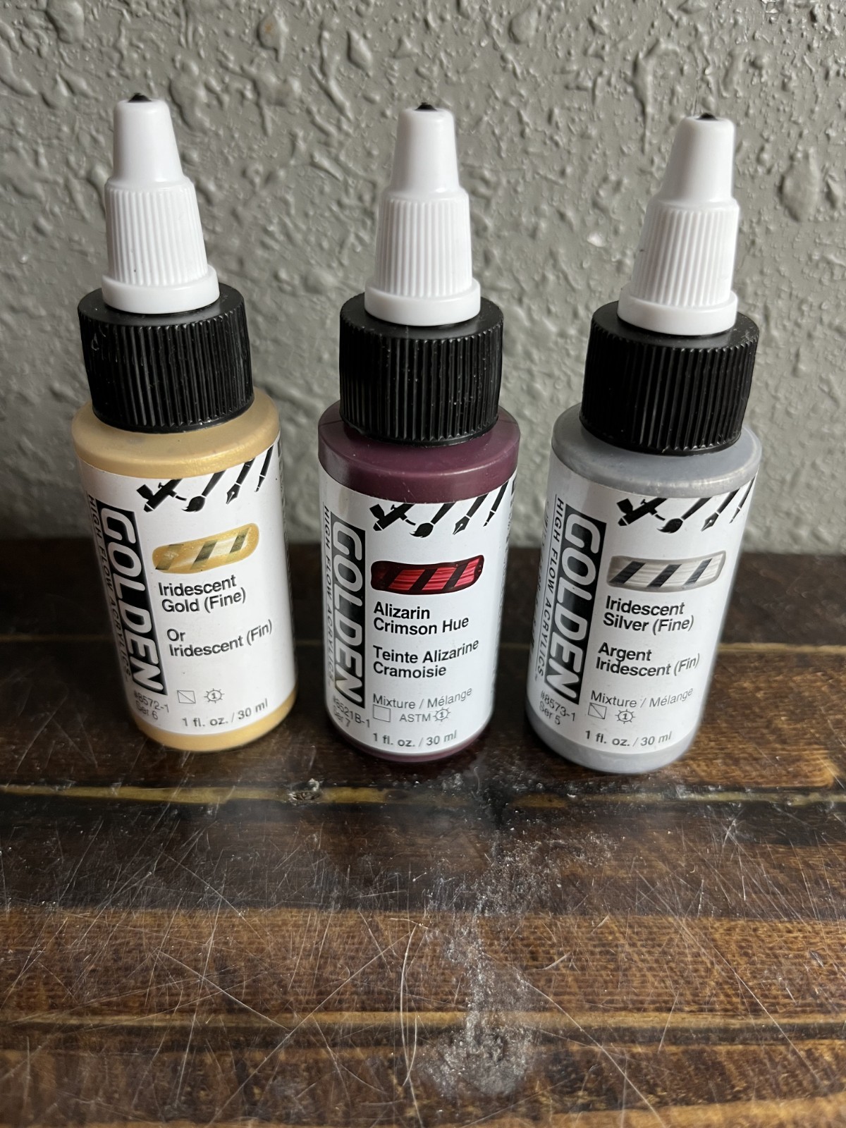 GOLDEN High Flow Acrylics Set Iridescent Gold Silver & Alizarin Crimson 1oz