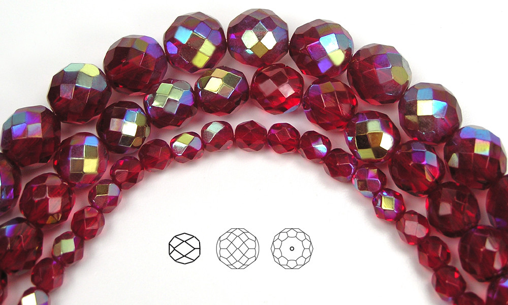 Czech Fire Polished Round Faceted Glass Beads in Siam AB coated, 16″ strand red