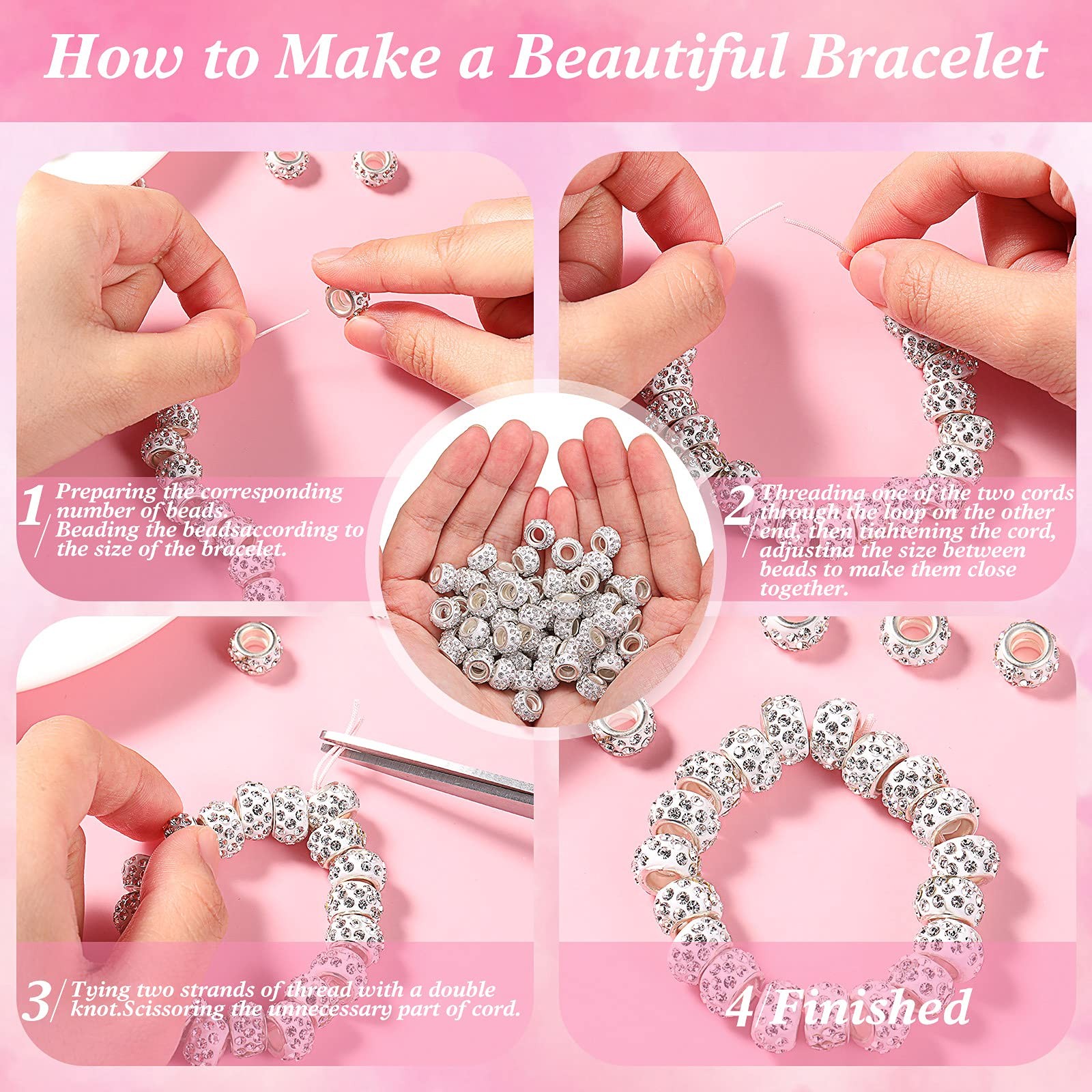 60 Pcs Rhinestone European Beads 12 mm Large Hole Charm Spacer Bead Large Hole C