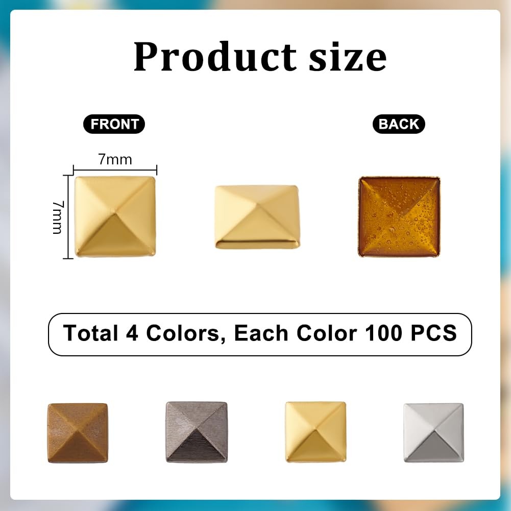 400Pcs Flat Back Pyramid Studs Glue on Metal Studs, 4 Colors Hotfix Iron on Rive