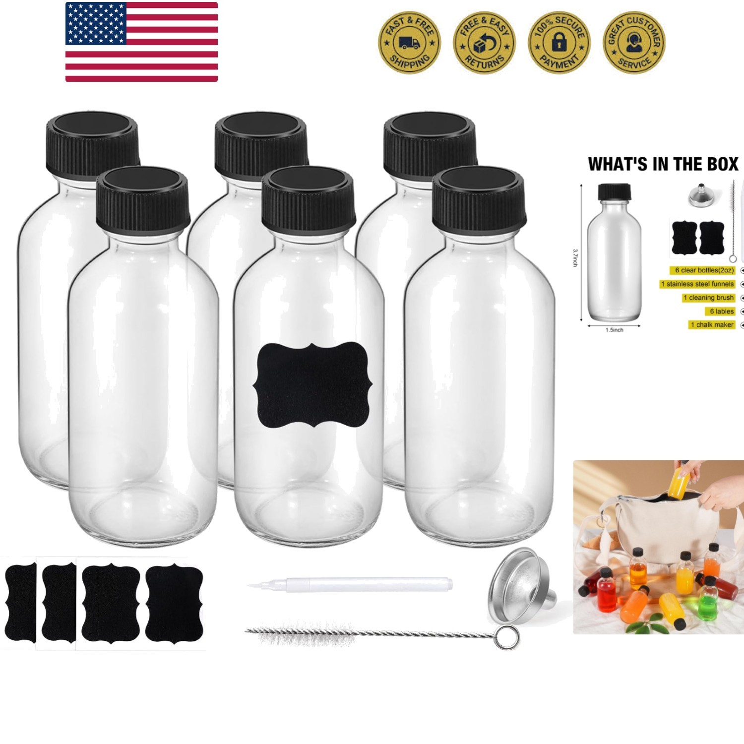 2oz Small Clear Glass Boston Bottles with Lids – Reusable Leakproof Travel Ki…