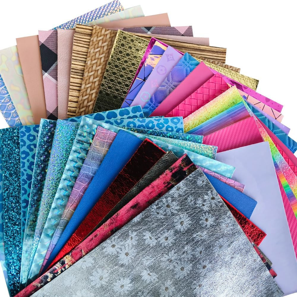 XHT Random Faux Leather Sheets 30 Pcs 8X12 Inch Holographic Embossed Textured Sy