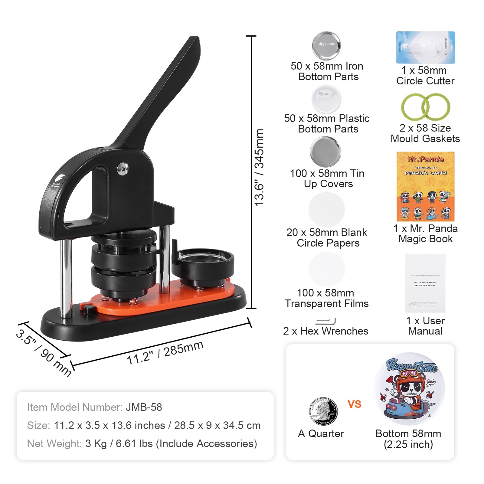VEVOR Button Maker Machine Pin Badge Maker 2.28in 100 Button Parts+Circle Cutter