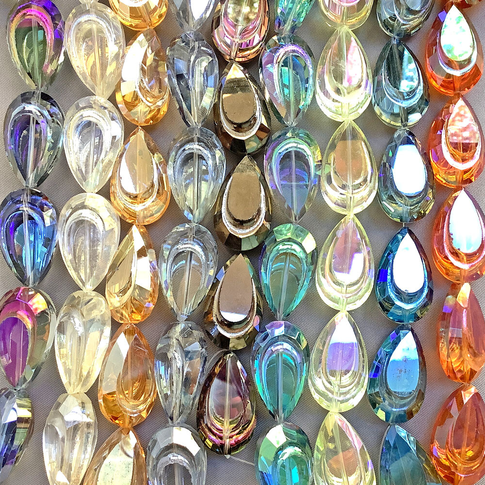 28x16mm Faceted Peacock Feather Teardrop Chinese Crystal Glass Beads Q1 Strand