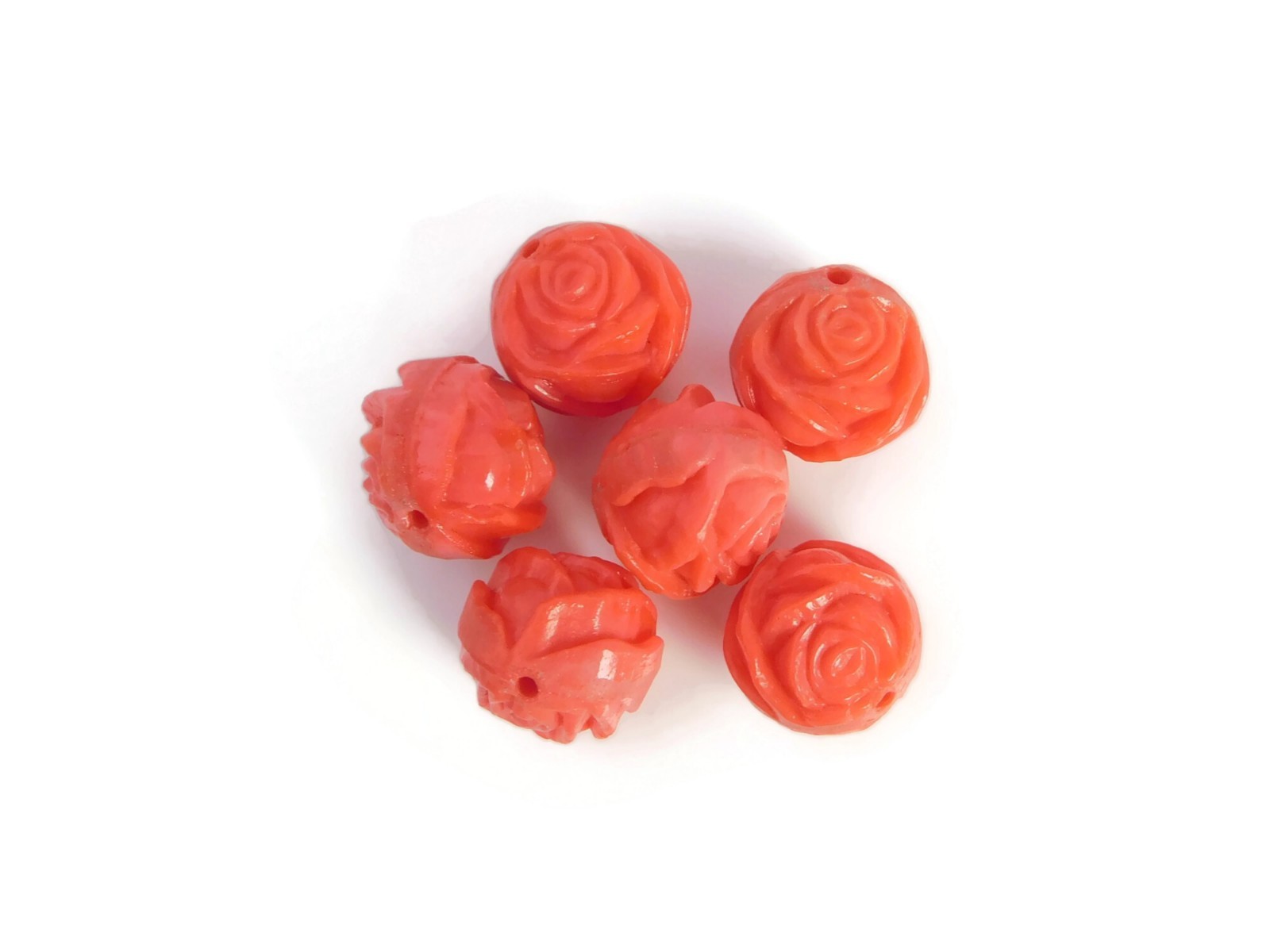 Vintage Czech Pressed Glass Hand Carved Flower Beads, Coral Color, 11mm