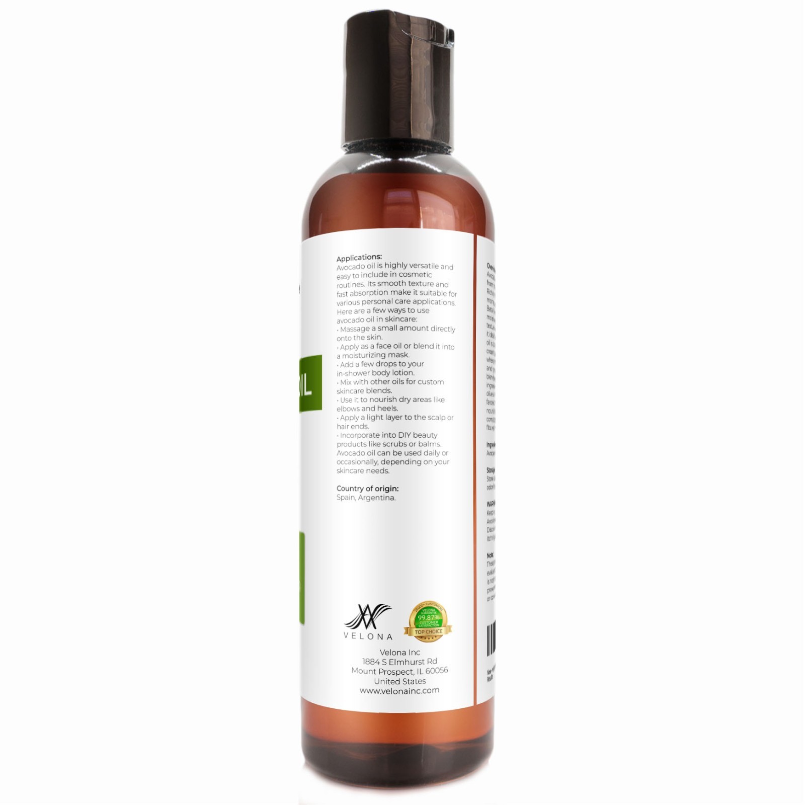 Avocado Oil by Velona – 4 oz, Refined, Cold Pressed, Hair Body and Skin Care