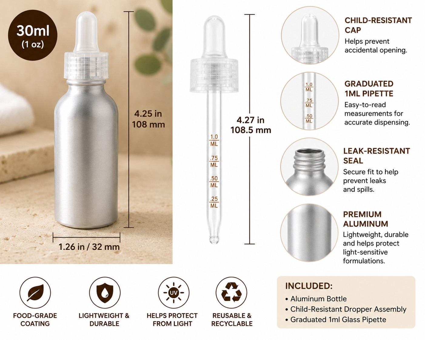 1oz/30ml Aluminum Dropper Bottle – w/Graduated 1ml Pipette – Child Resistant Cap