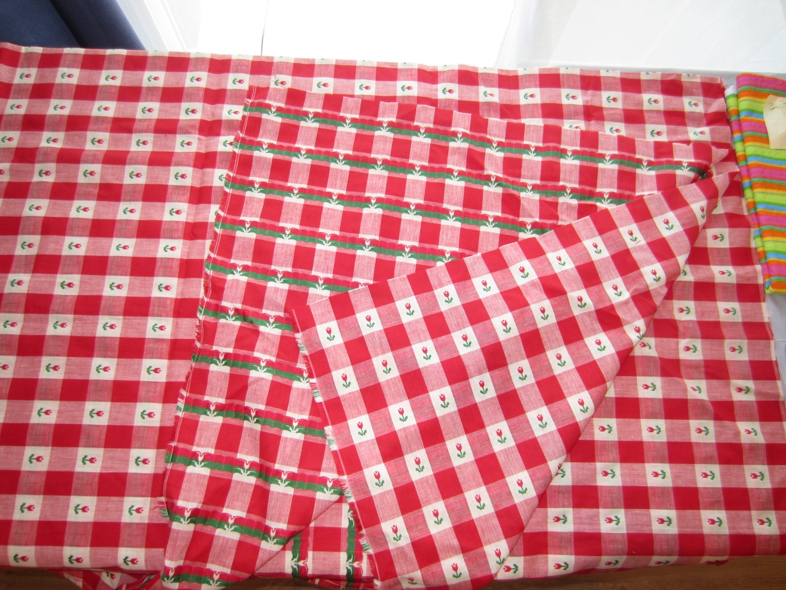 Old Estate Find – Fabric & Lace LOT – Red Gingham Tulip Print Rainbow Stripe
