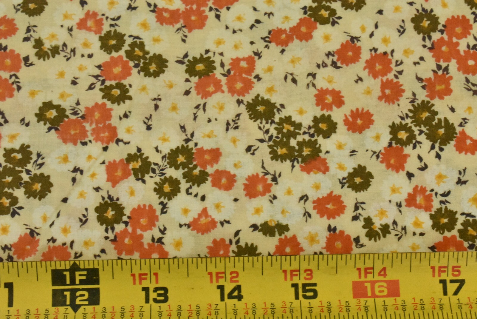 By 1/2 Yd, 35″ Wide, Vintage 1940’s-60’s, Orange &Olive Calico on Cream, B1690
