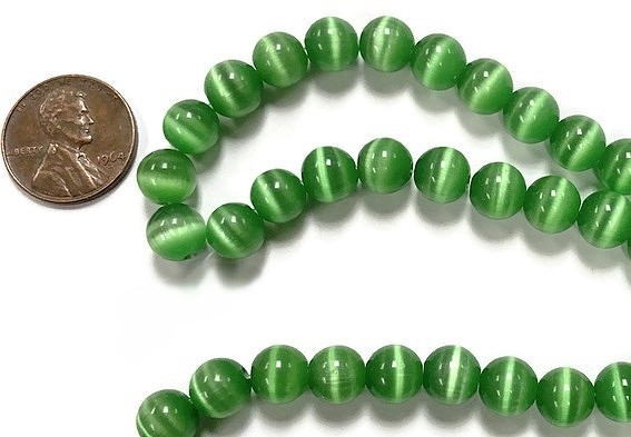 50 Cat’s Eye Fiber Optic Glass Light Emerald 8mm. Smooth Round Loose Beads 2574L