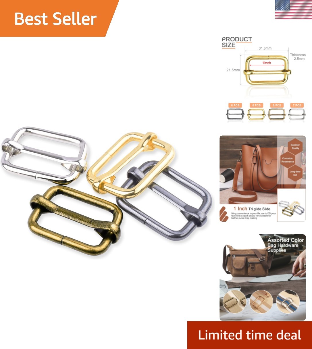 25 Pack 1 Inch Metal Adjustable Slide Buckles Tri-Glide Rectangle Adjuster Su…