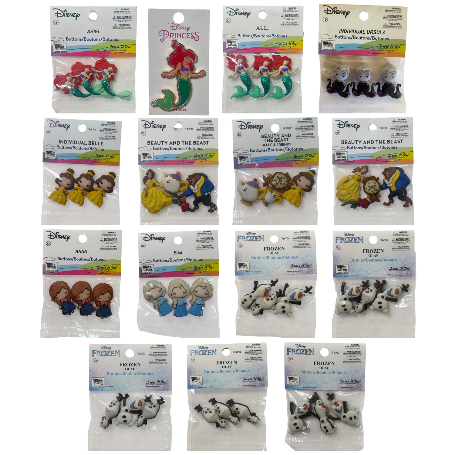 Dress It Up Disney Princess Buttons Ariel Belle Cinderella Moana More YOU CHOOSE
