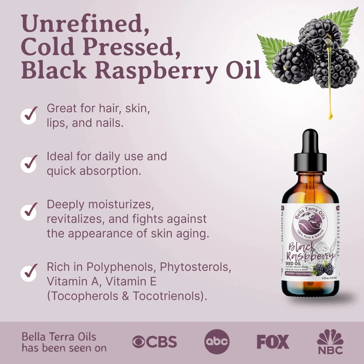 Cold-Pressed Black Raspberry Seed Oil 100% Pure Skin Hair Face Anti-Aging