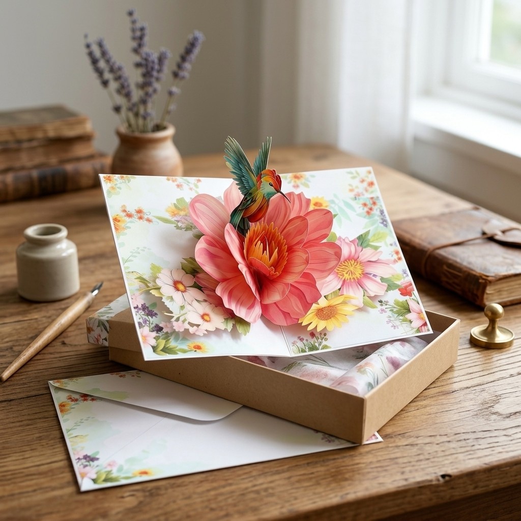 Hummingbird Floral 3D Pop Up Greeting Card For Birthdays Holidays Gift