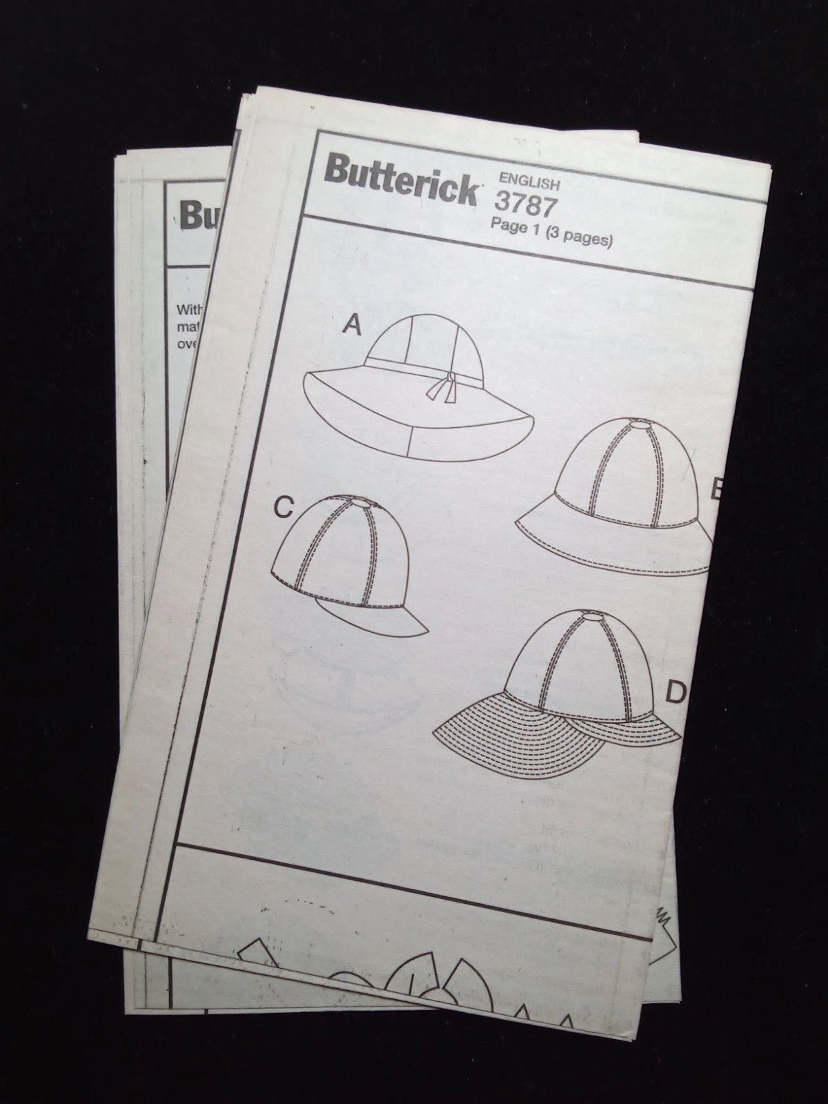 BUTTERICK UNCUT Pattern 3787 All Sizes SML Lined Hats Caps Floppy 4 Styles