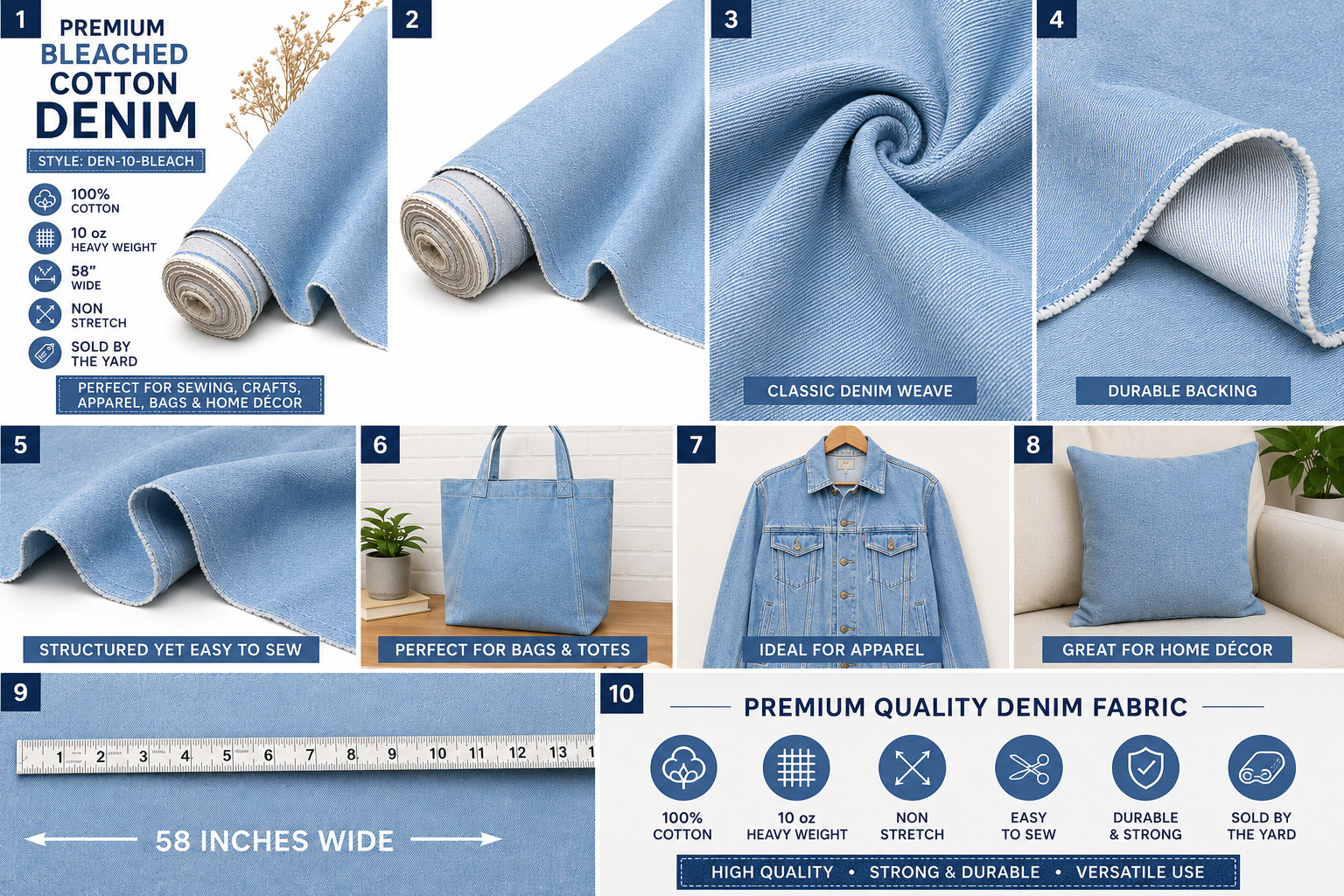 10 oz Bleached Cotton Denim Fabric 58” Wide Light Blue Sold By The Yard