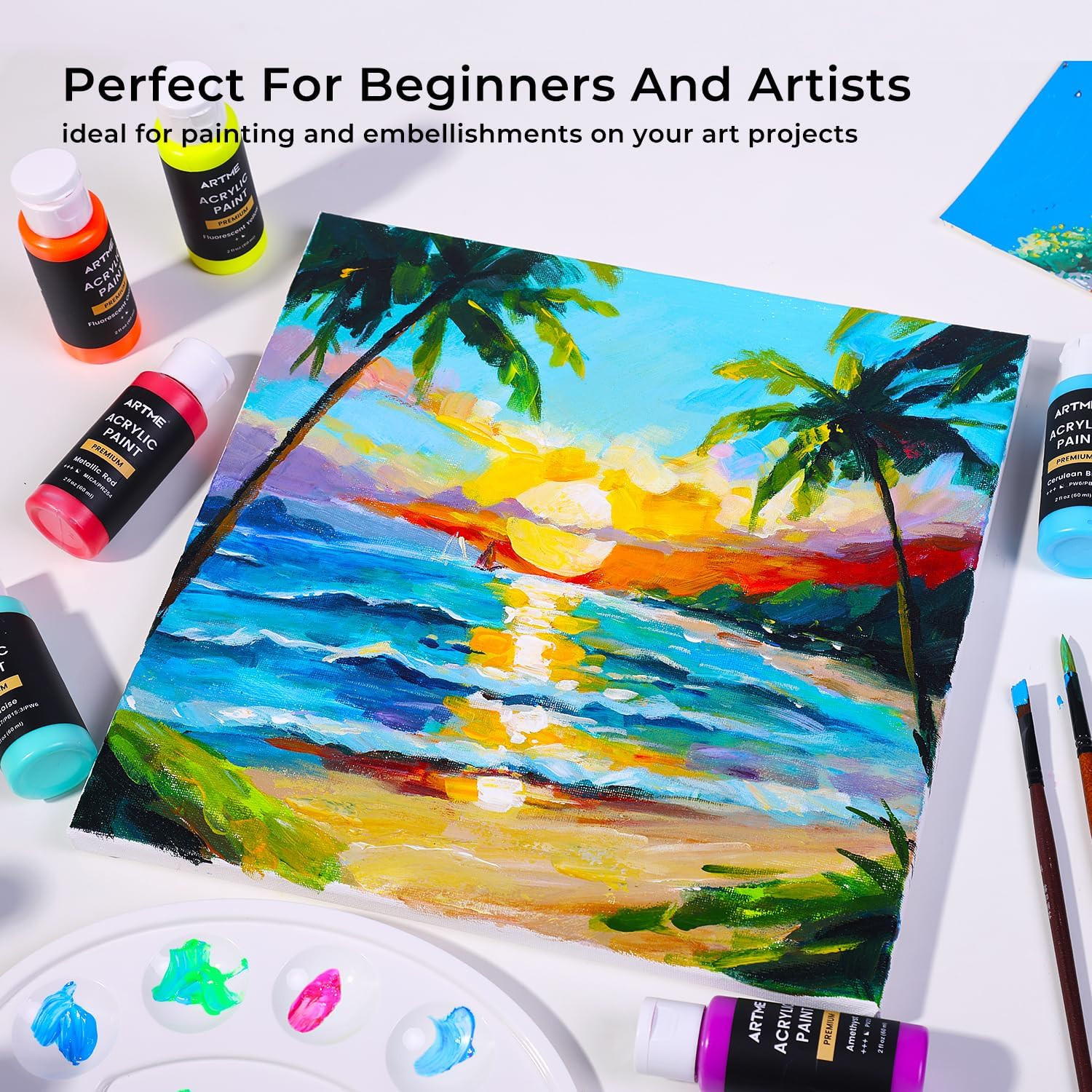 Artme Acrylic Paint Set, 60 Colors in 2Oz/60Ml Bottles, Non Toxic, Waterproof, R