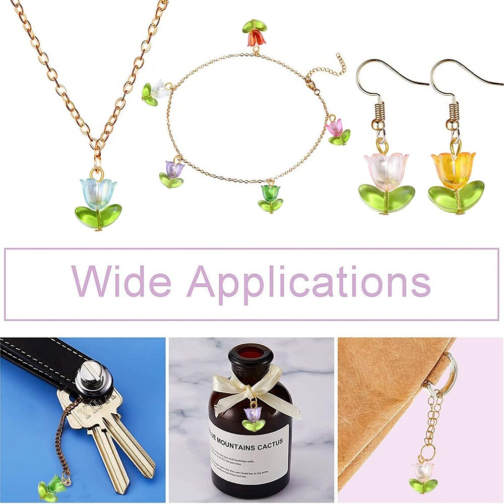 90x Handmade Acrylic Flower Charms Tulip Pendants w/Glass Leaf Charms for DIY