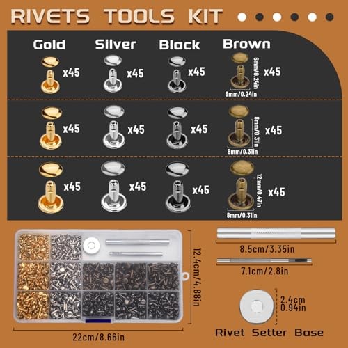 540 PCS Leather Rivets Double Cap Kit, 3 Sizes, 4 Colors, Includes Tools