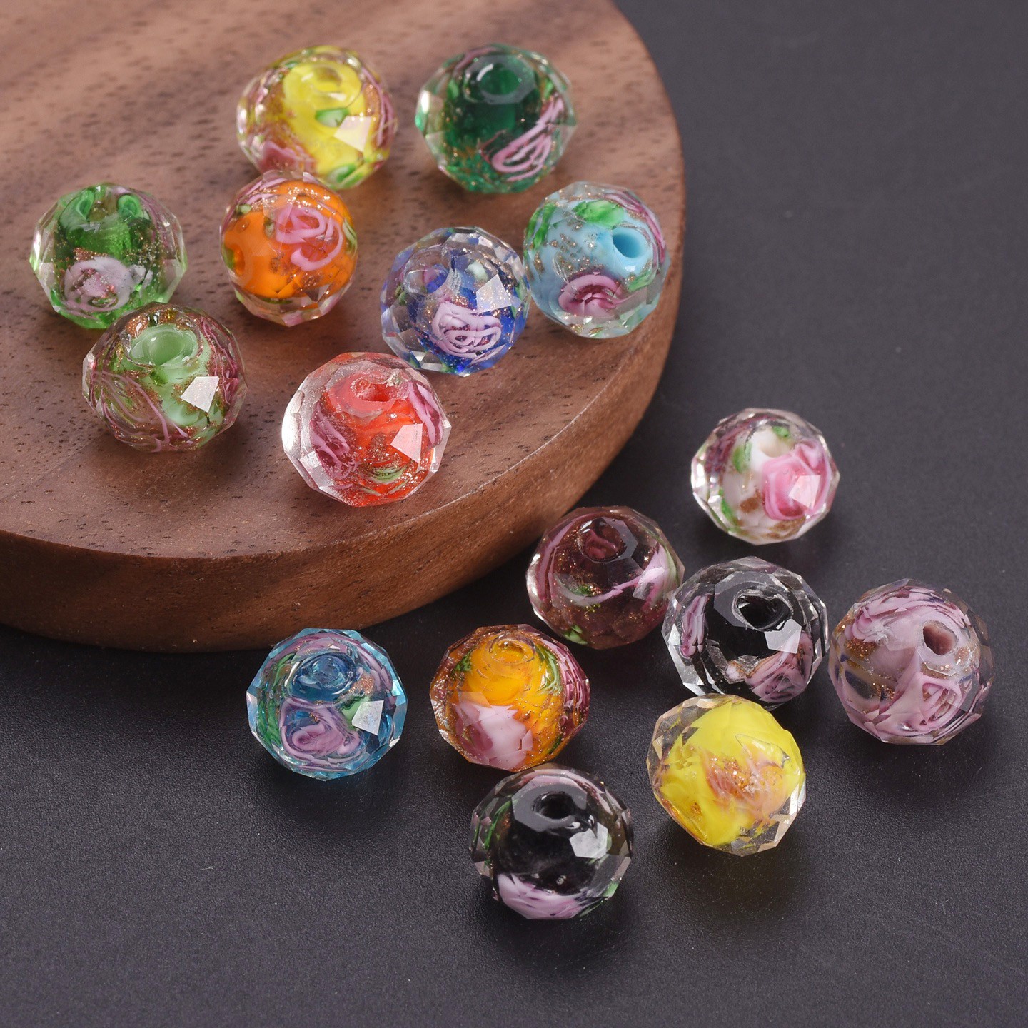 10pcs 10x7mm 12x8mm Rondelle Faceted Crystal Lampwork Glass Floral Spacer Beads