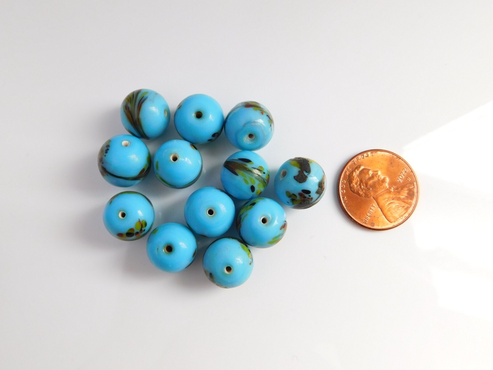 Vintage Blue Lampwork Glass Beads With Hand-Painted Dots and Swirls 10mm Lot