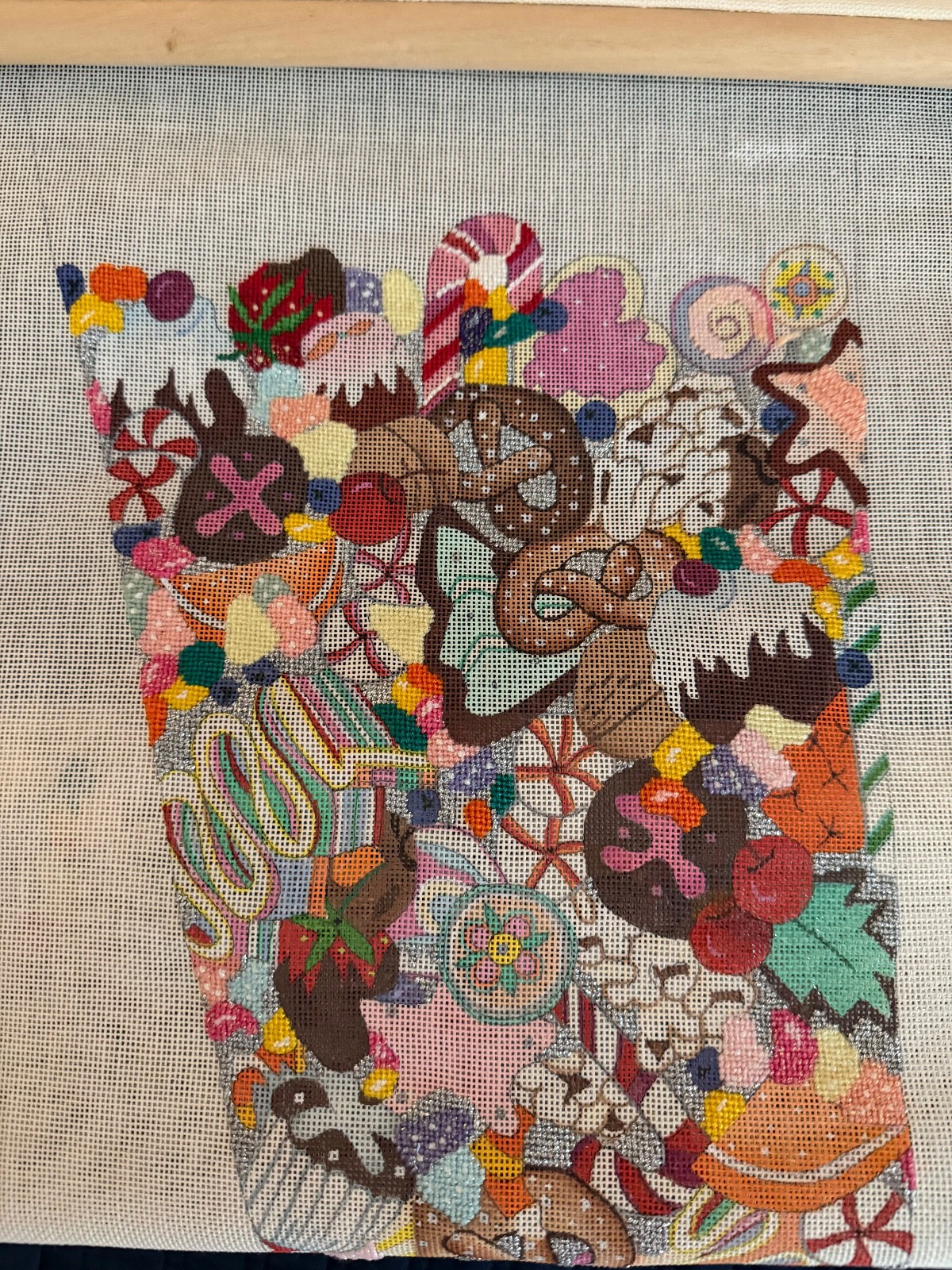 Partially completed 18 mesh CANDIES 15 x 22″ Christmas Stocking w scroll bars