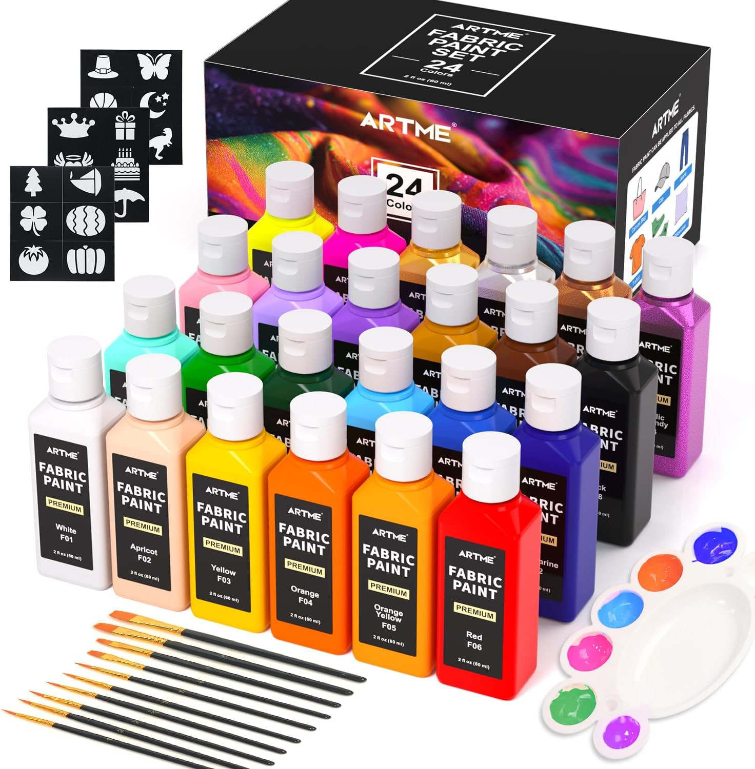 24 Colors Fabric Paint (60Ml/2Oz), Permanent Soft Fabric Paint Set with 10 Brush