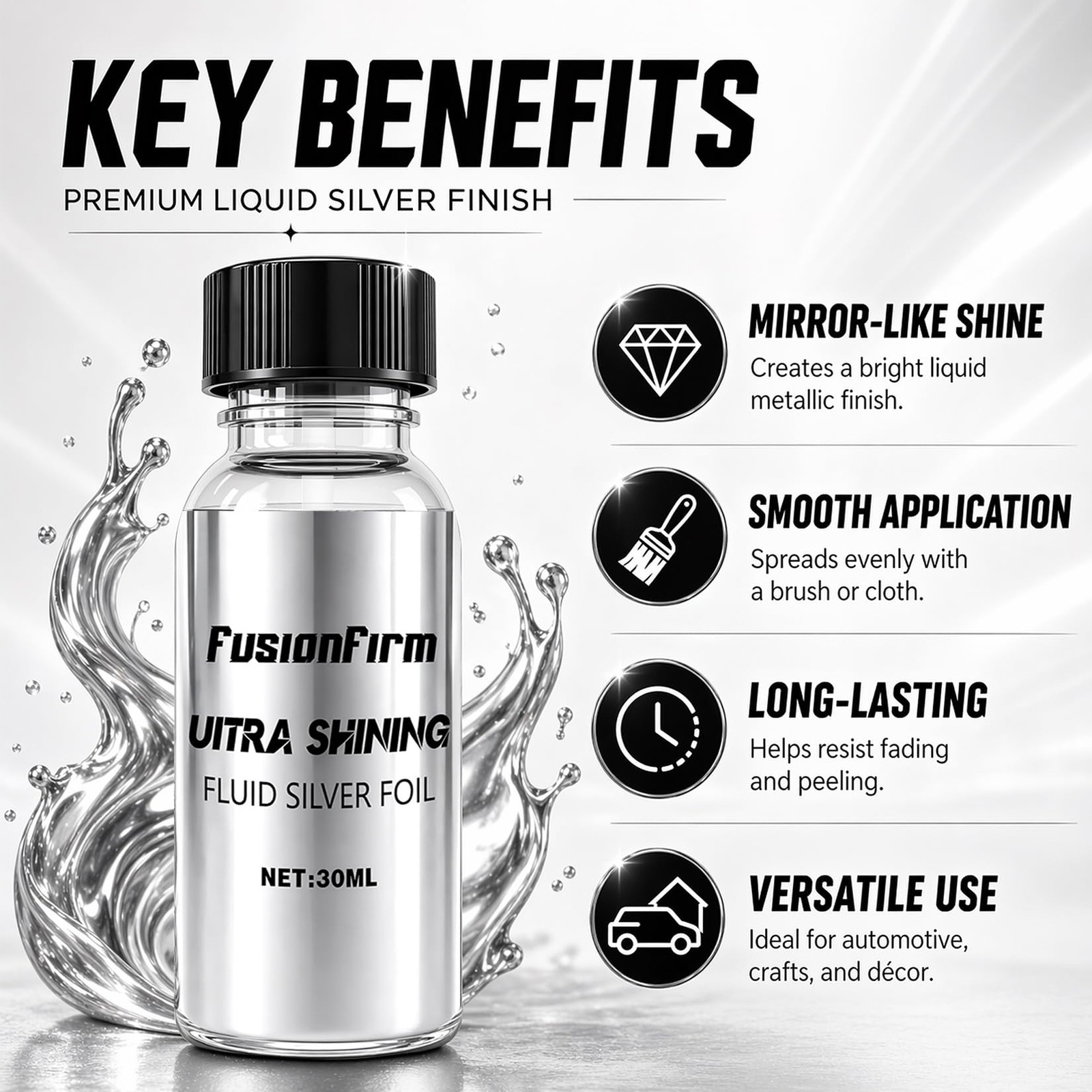 FusionFirm Liquid Leaf Paint – Alcohol-Based 1 Fl Oz (Pack of 1), Silver